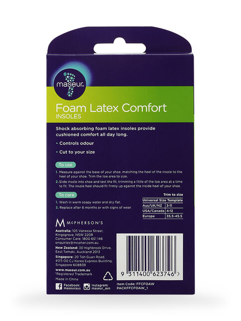 Foam Latex Comfort Insoles, 1 pair
